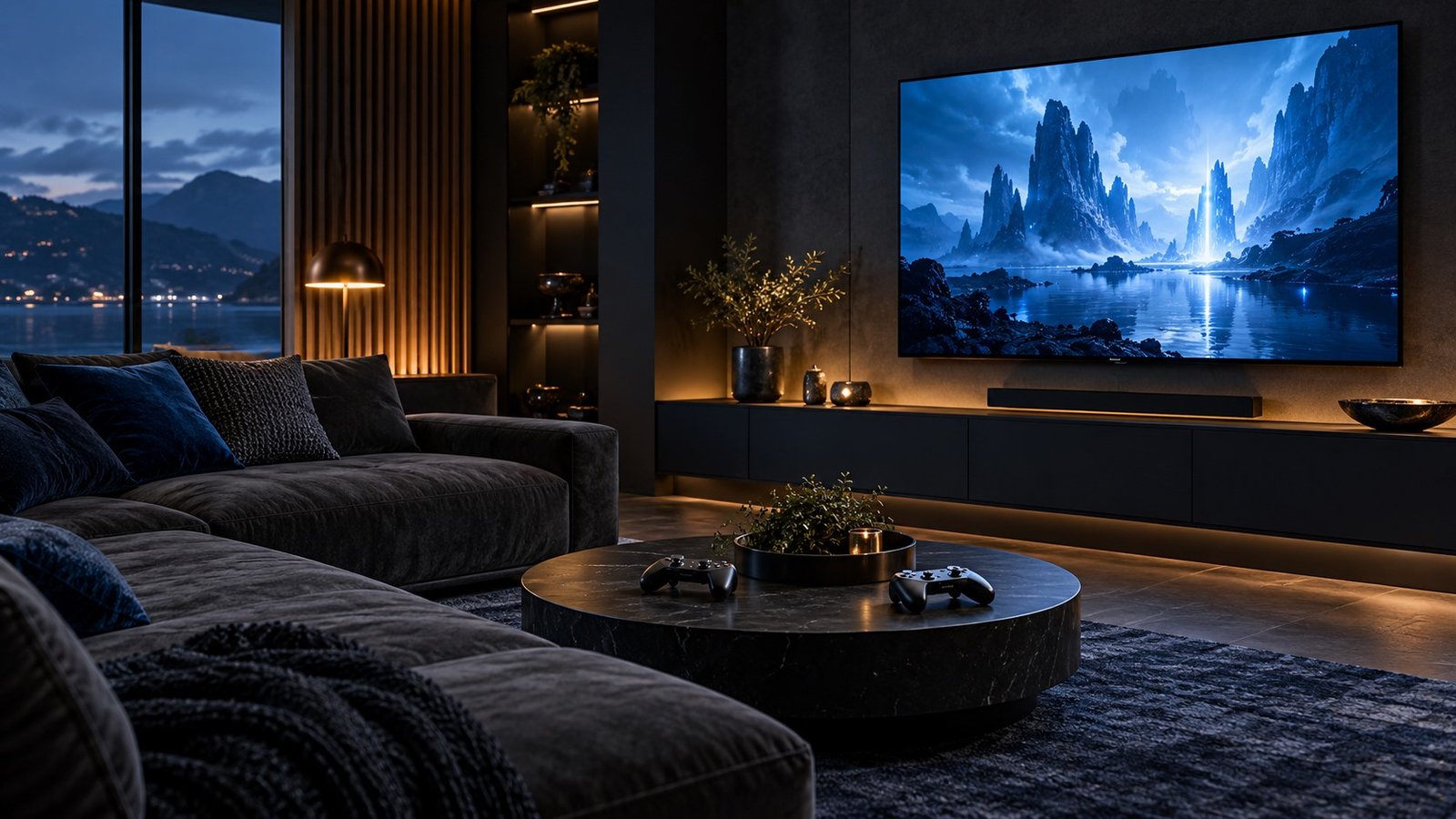 Comfortable console lounge with a large gaming screen