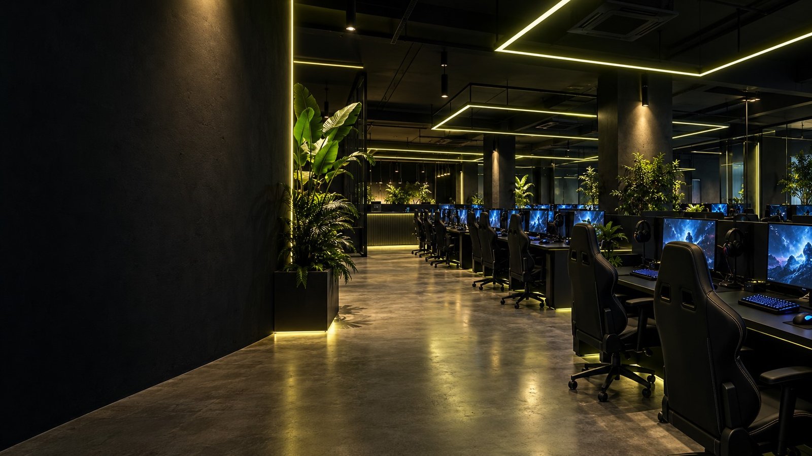 Rows of gaming stations in a premium center with warm citron lighting
