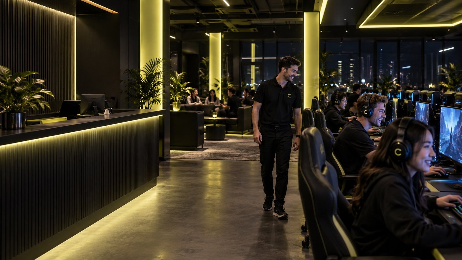 Players and staff in a modern gaming center at night