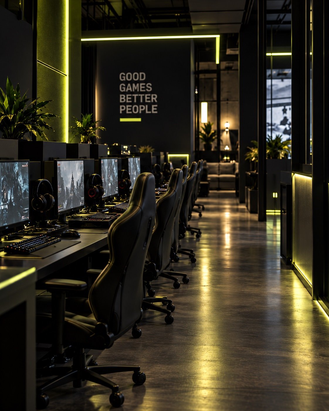Gaming stations in a premium center with citron lighting