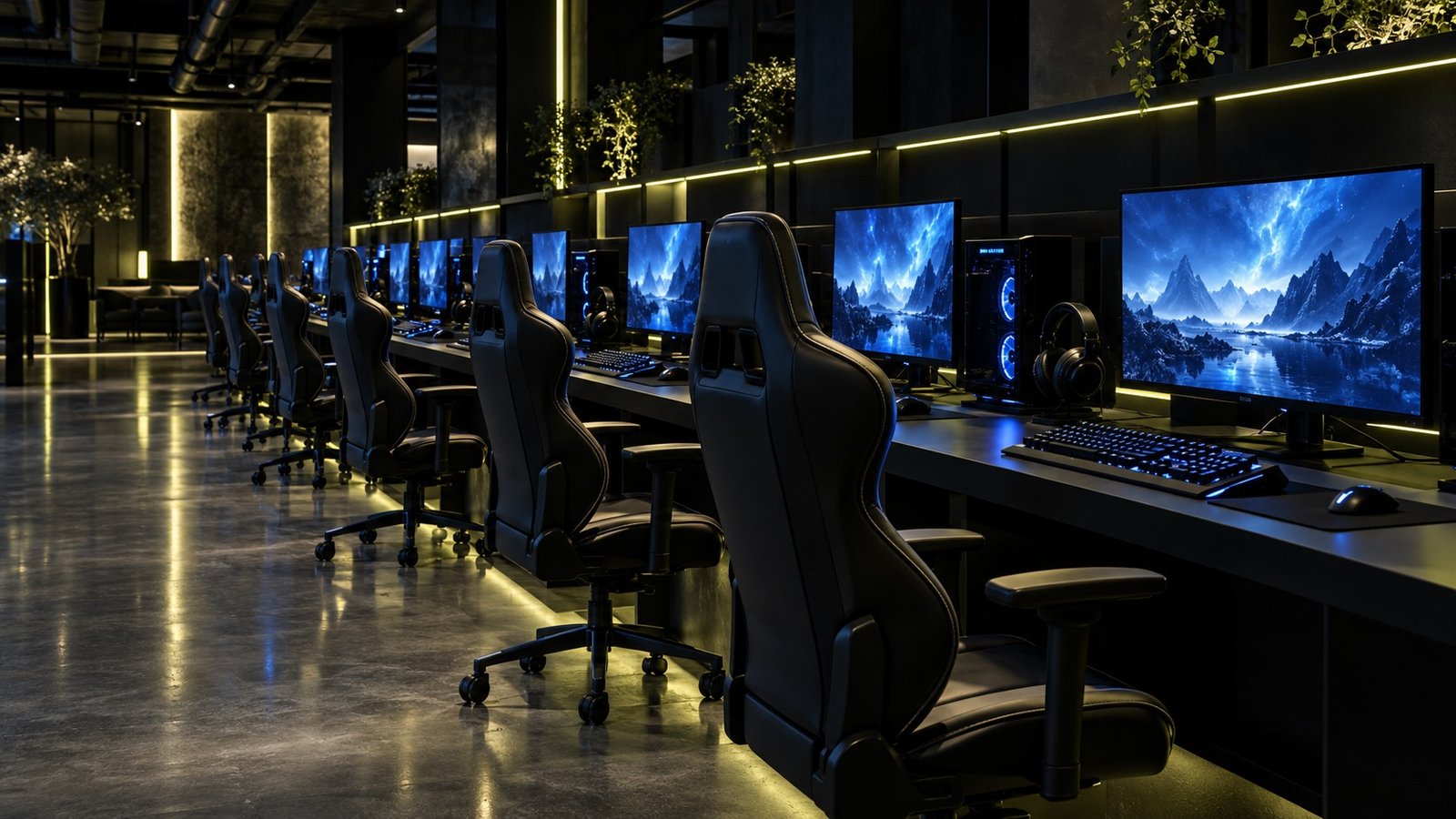 High-performance PC gaming stations with blue lighting