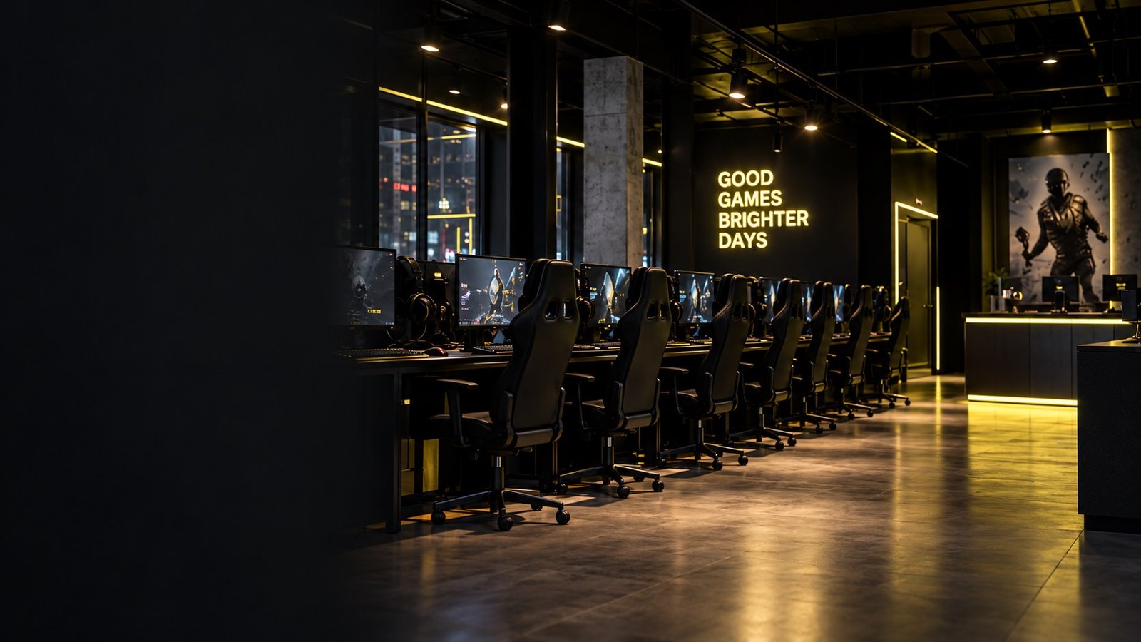 Premium gaming center with rows of stations and warm citron lighting