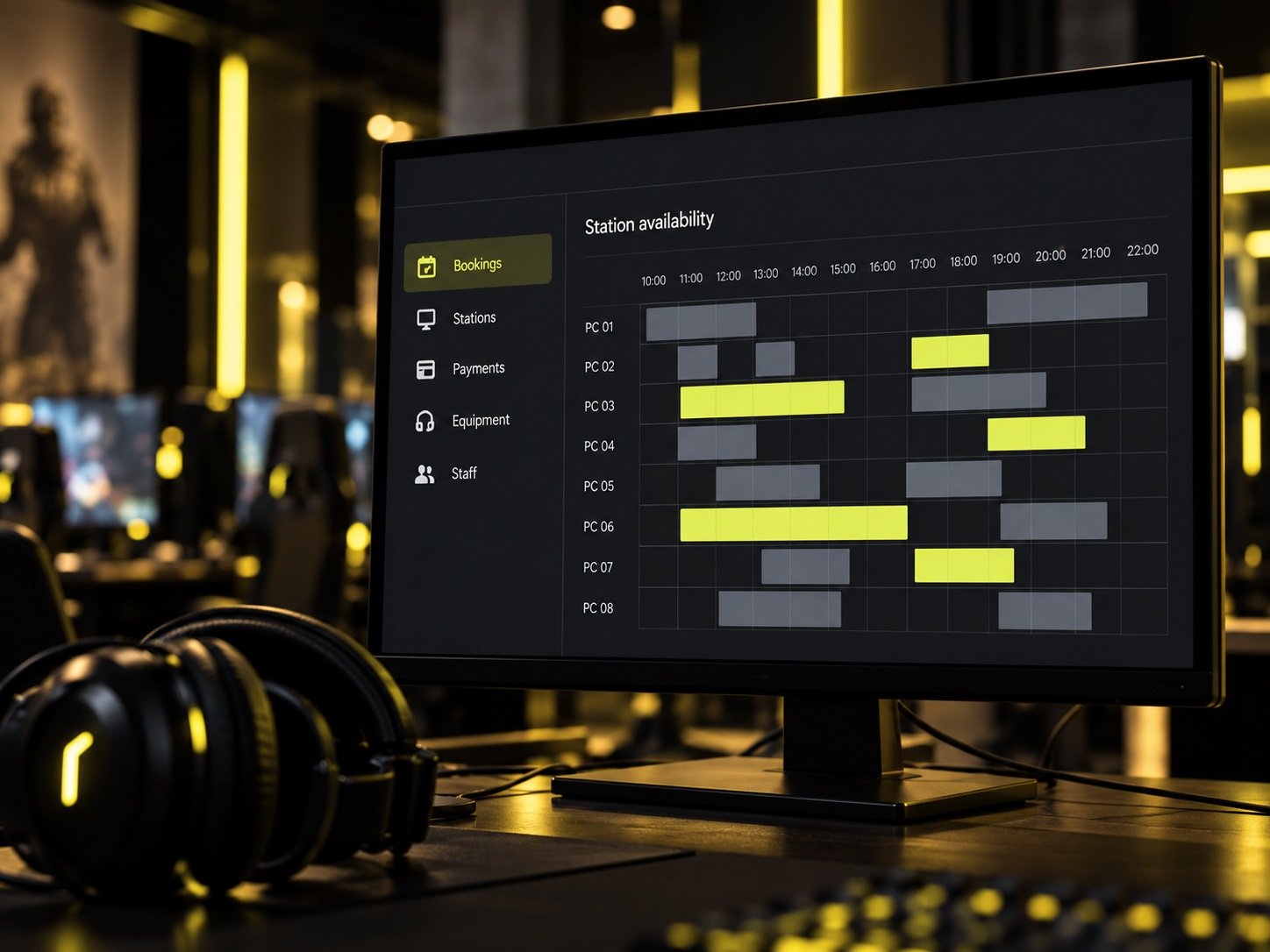 Illustrative station availability dashboard on a gaming center monitor