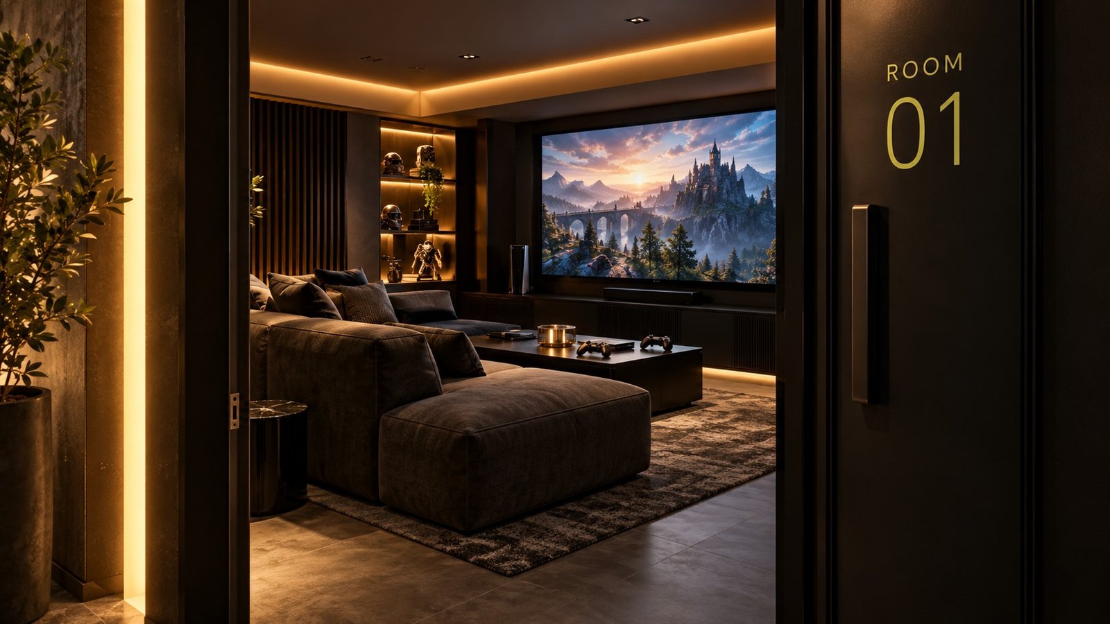 Warmly lit private gaming room