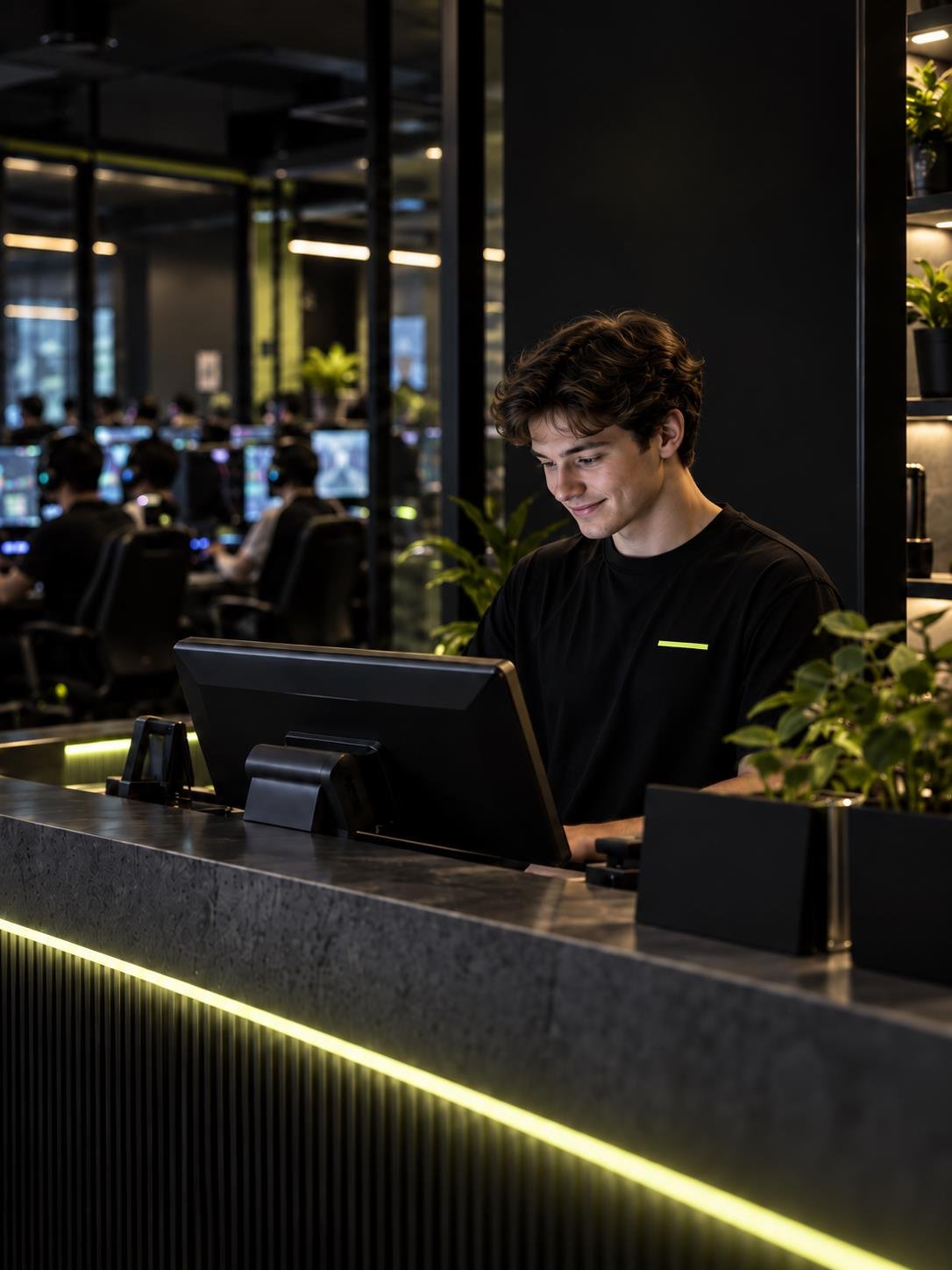 Young adult staff member working at a gaming-center reception