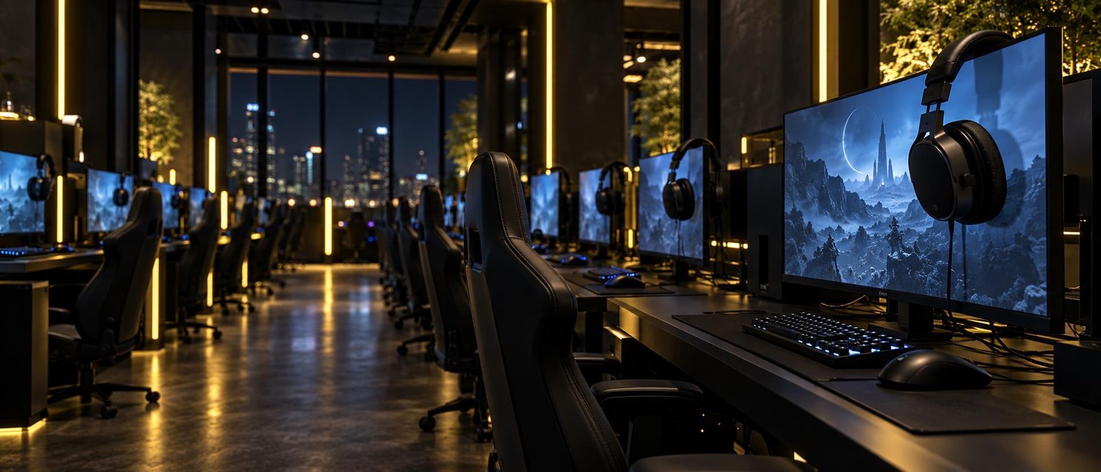 Gaming center stations with subtle citron lighting