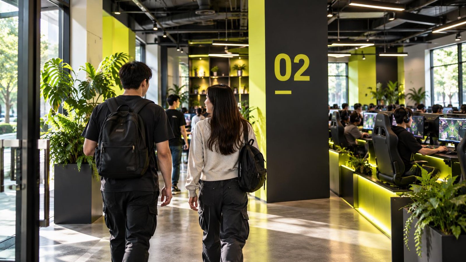Customers arriving at the gaming center